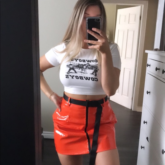 Orange Vinyl Zip Detail Belted Mini Skirt - Picture 2 of 3